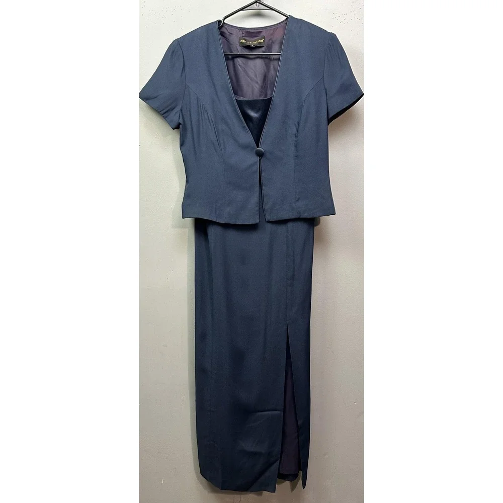 Donna‎ Ricco Dress Womens 10 Navy 2 Piece Bolero Jacket Sheath Maxi Made USA